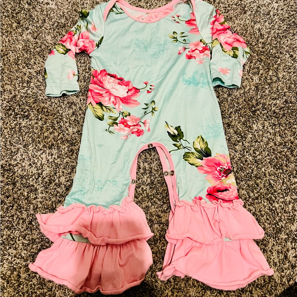 Floral Baby Romper with Pink Ruffles